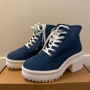 ASOS DESIGN Heeled canvas boots in blue denim